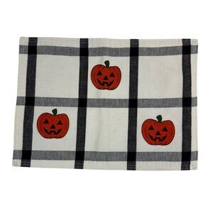 VTG Halloween JOL Pumpkin Placemats Orange Black Grey Stripe Set of 4 REVERSIBLE